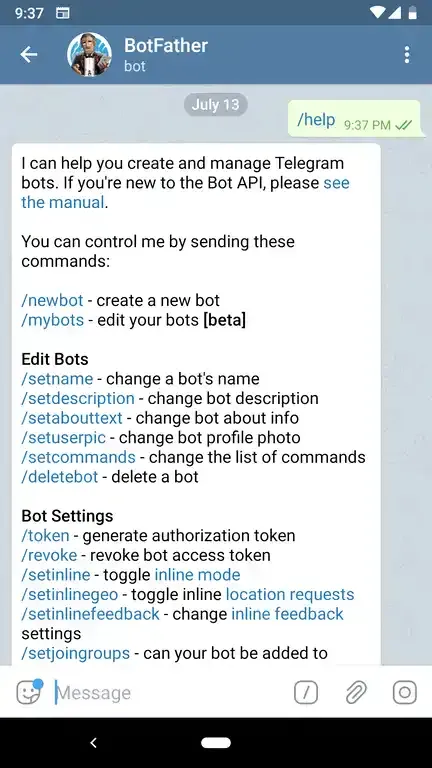 The commands of BotFather