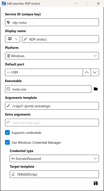 Edit Launcher dialog