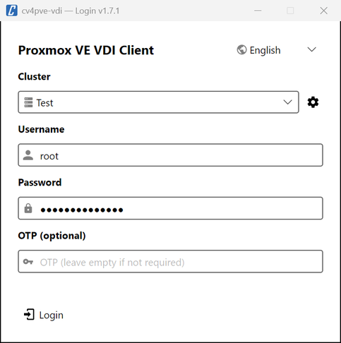 Login window: cluster, username, password, OTP and language