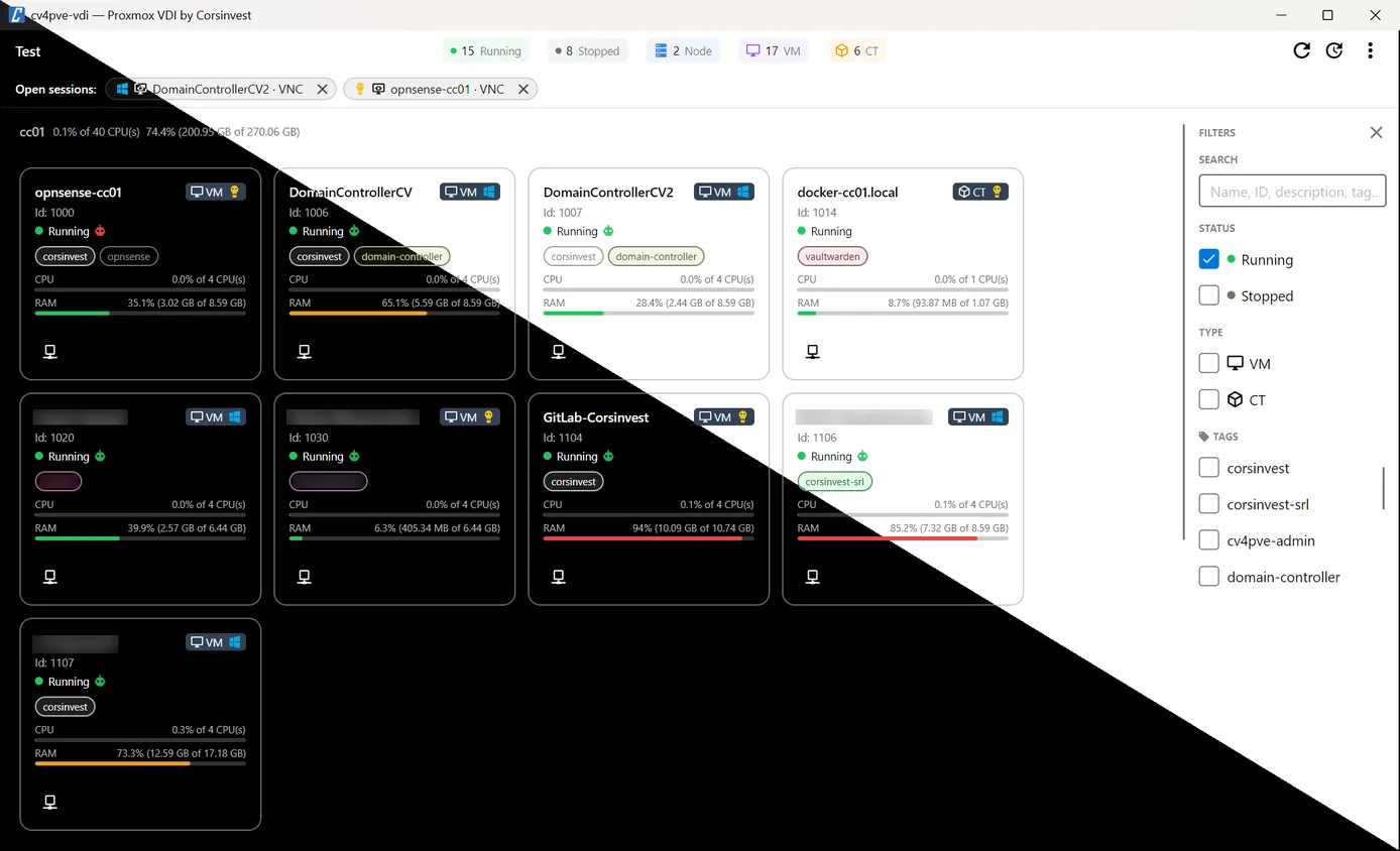 cv4pve-vdi main window, card view, in the light and dark theme