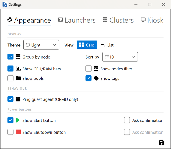 Settings, Appearance tab