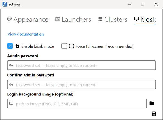 Settings, Kiosk tab