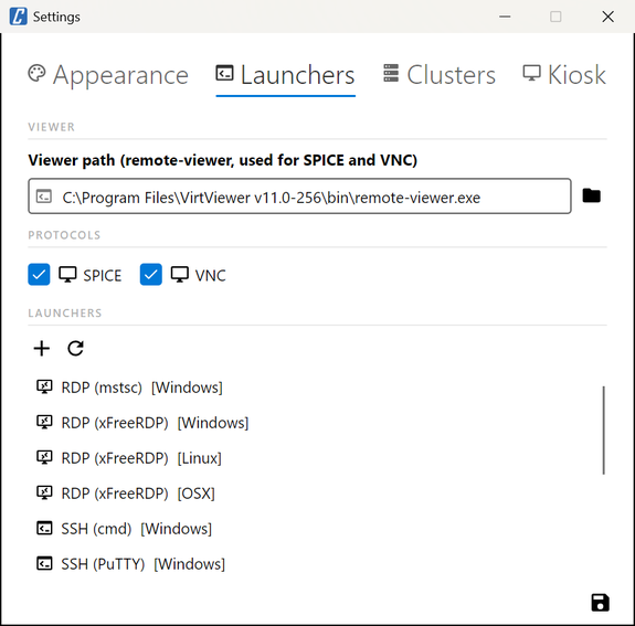 Settings, Launchers tab: viewer path, SPICE and VNC switches, launcher list