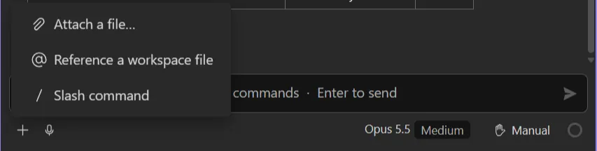 The Add menu: Attach a file, Reference a workspace file, Slash command