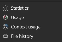 The Analytics submenu: Statistics, Usage, Context usage, File history