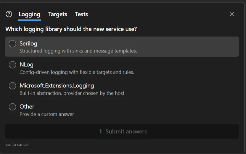 A question with several tabs and an Other choice
