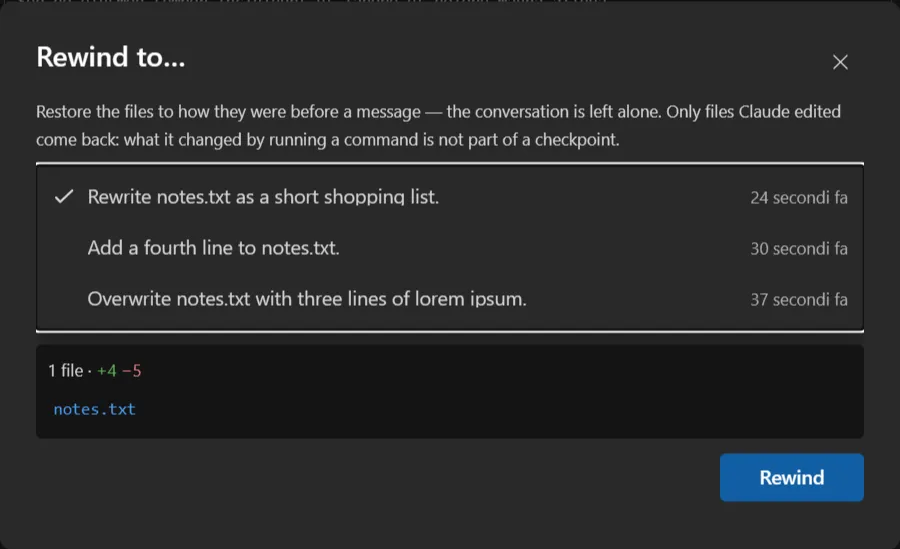 The Rewind dialog: the session’s messages, and what rewinding to the selected one would change