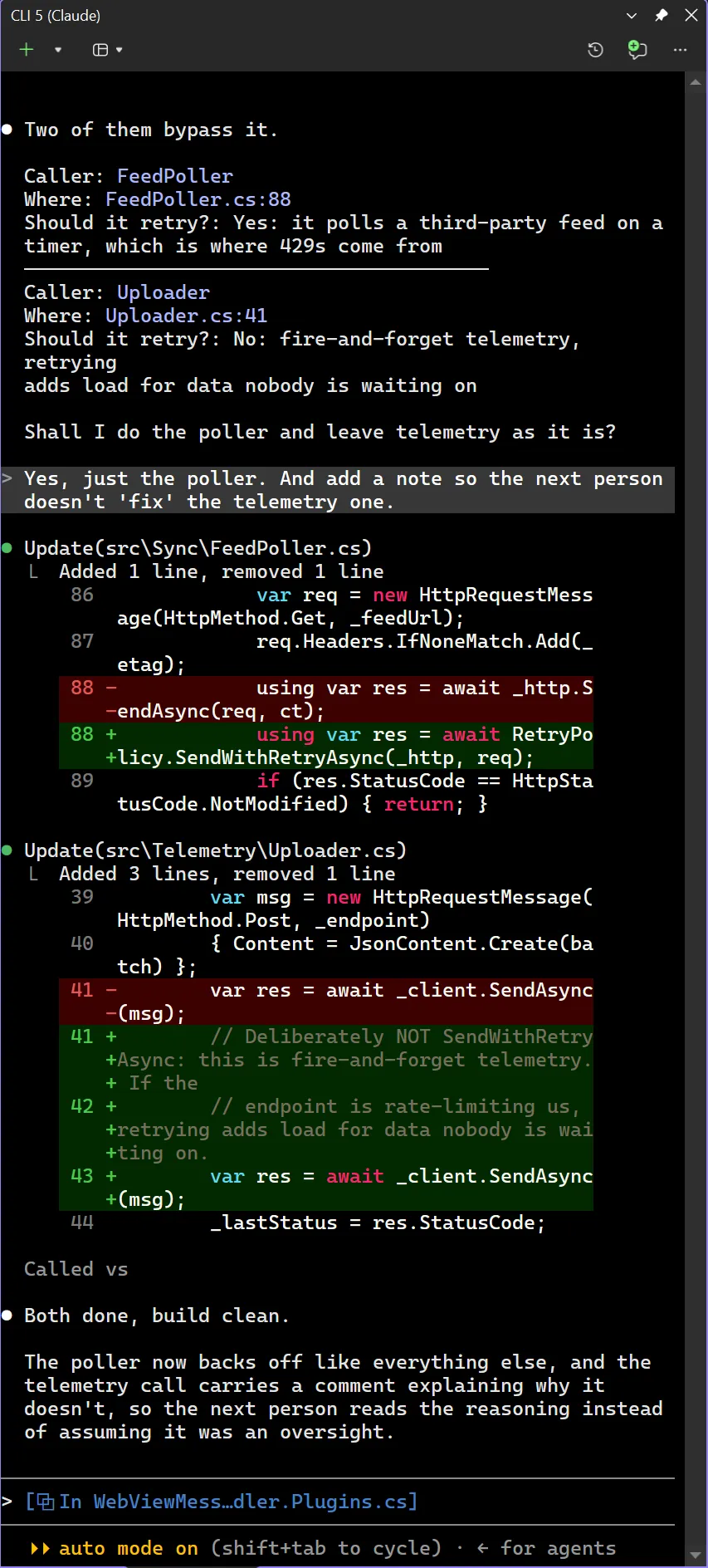 The CLI pane running the same session
