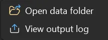 The Developer submenu: Open data folder, View output log