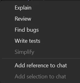 The cv4vs Agents submenu in the editor. With nothing selected, Simplify and Add selection to chat are greyed out