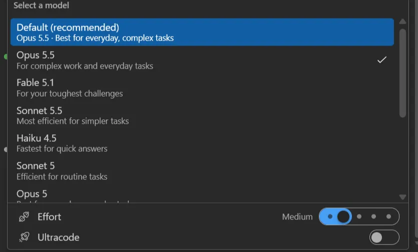The model list, with the Effort slider and Ultracode under it