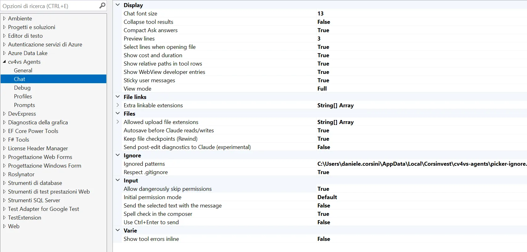 Options, Chat page: the categories Display, File links, Files, Ignore, Input