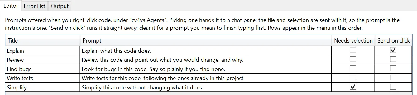 Options, Prompts page: one tab per menu, and the grid of prompts