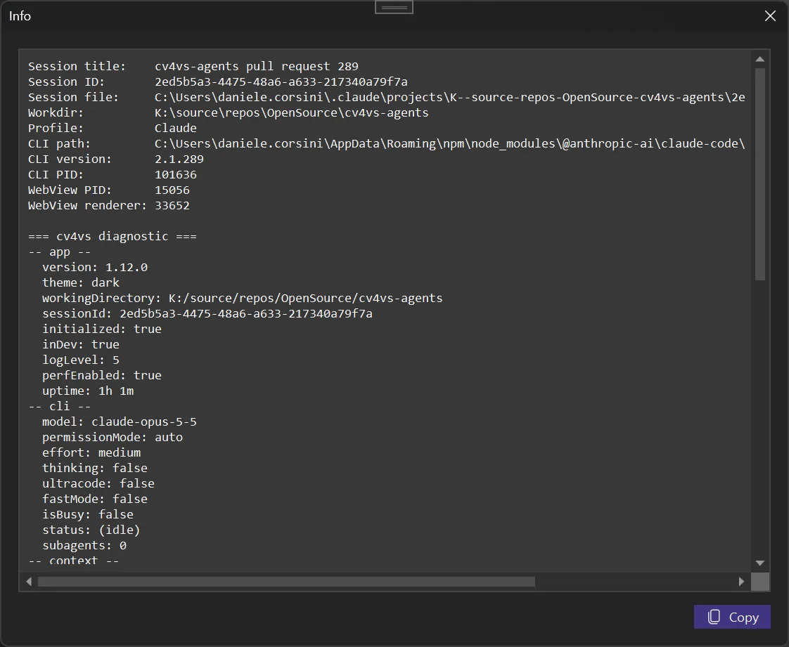 The Info dialog: session, working directory, profile and the CLI that is running
