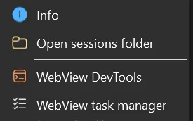 The More menu: Info, Open sessions folder and, when enabled, the two WebView developer entries