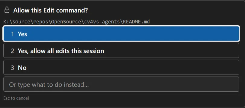 The approval prompt on an edit: the file, the three choices, the text field