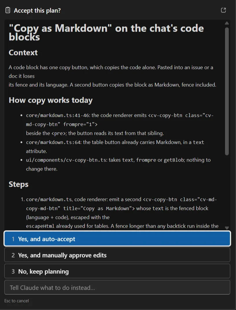 The plan prompt: Open in editor and the three answers
