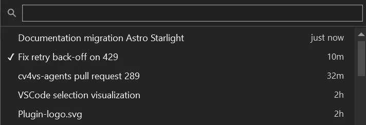 Session History: the search box, the current session ticked, how long ago each was used