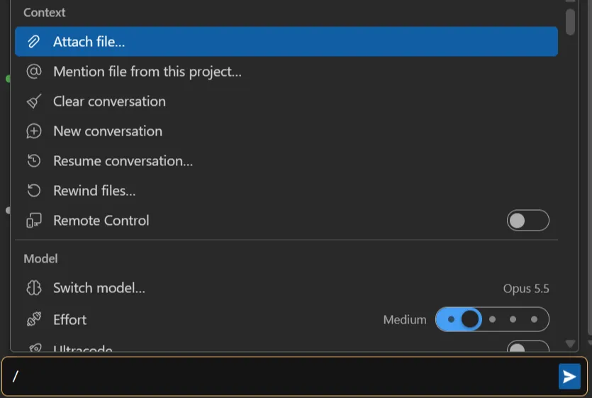 The slash palette: the Context section and the start of Model