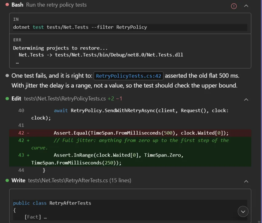 A failed Bash row, an Edit with its diff, and a Write showing the new file’s content