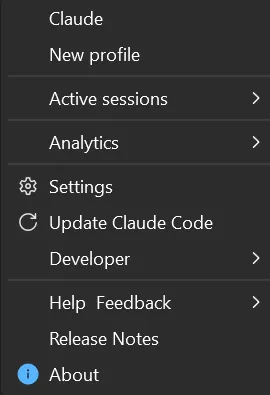 The cv4vs Agents menu under View: profiles first, then the open panes, Analytics, Settings and the rest